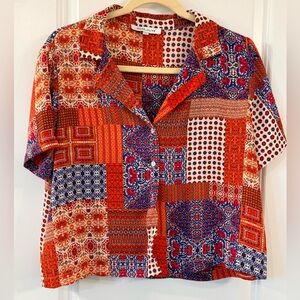 Rose & Olive Patchwork Print Blouse – Boho Statement Top (size L)